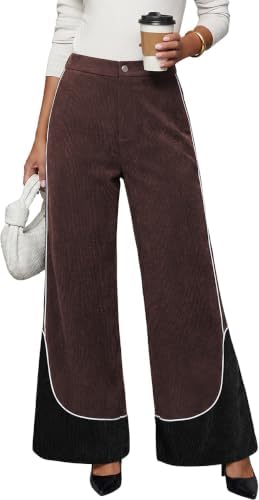 Women's Corduroy Wide Leg Pants Contrast Trim High Waist Trousers