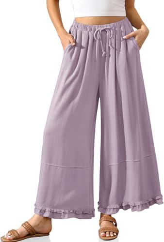 Womens Cropped Linen Palazzo Flowy Pants Cute Wide Leg Lightweight