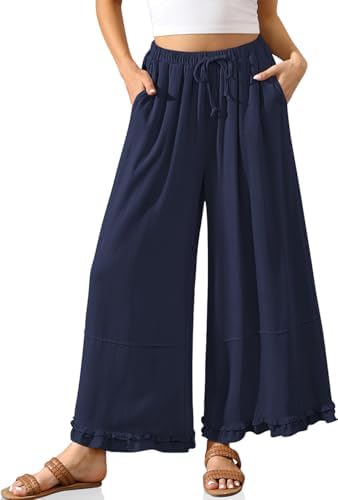 Womens Cropped Linen Palazzo Flowy Pants Cute Wide Leg Lightweight