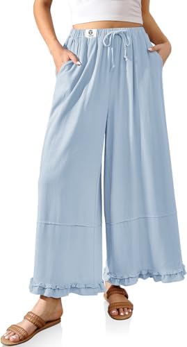 Womens Cropped Linen Palazzo Pants Wide Leg Ruffle Flowy Lightweight