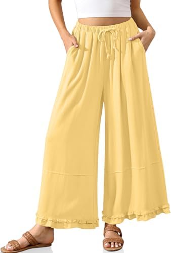 Womens Cropped Linen Palazzo Pants Wide Leg Ruffle Flowy Lightweight