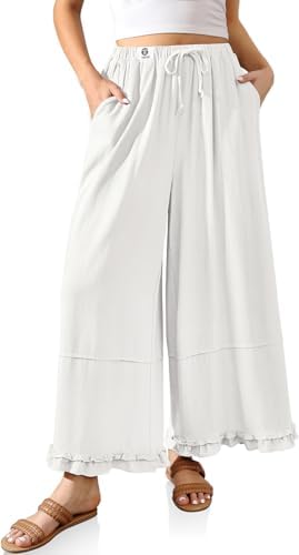 Womens Cropped Wide Leg Flowy Linen Pants Casual Palazzo Drawstring