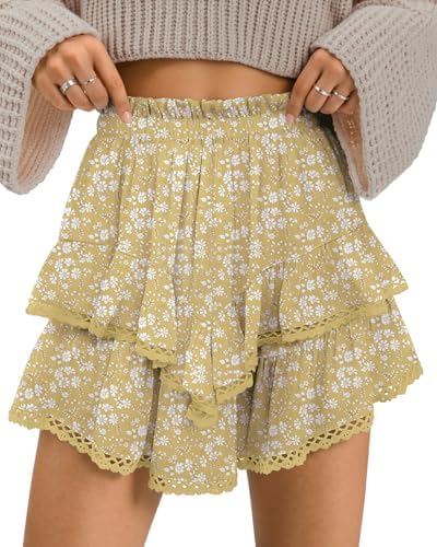 Women's Cute High Waist Ruffle Mini Skirt Layered Ruffle Hem Flared