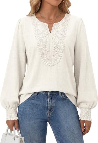 Fall Long Sleeve Tops for Women Boho Blouses Linen Blend Shirt