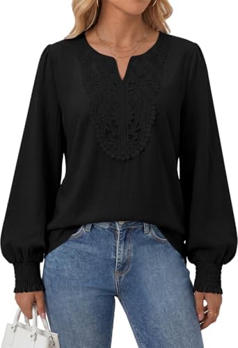 Fall Long Sleeve Tops for Women Boho Blouses Linen Blend Shirt Black