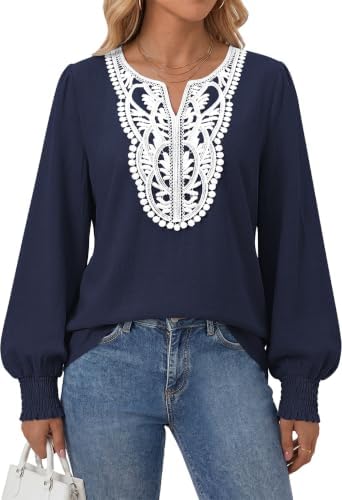 Fall Long Sleeve Tops for Women Boho Blouses Linen Blend Shirt Navy