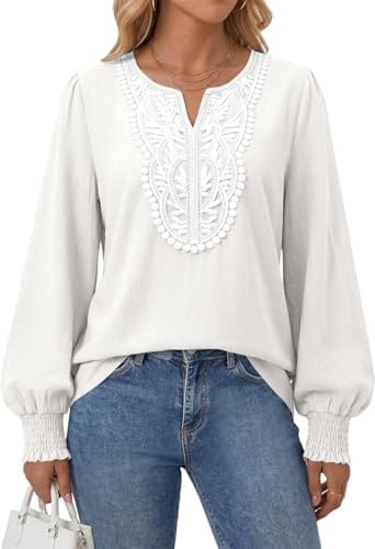 Fall Long Sleeve Tops for Women Boho Blouses Linen Blend Shirt White