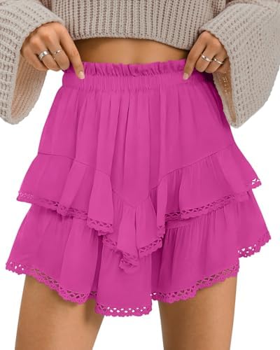Flowy Shorts for Women Casual Boho Ruffle Tiered Skorts High Waist Mini