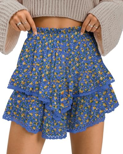 Flowy Shorts for Women Casual Boho Ruffle Tiered Skorts High Waist Mini