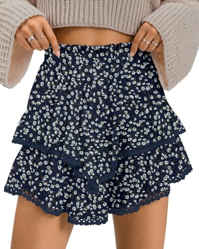 Womens Flowy Shorts High Waist Pleated Mini Skirts Casual Boho Ruffle