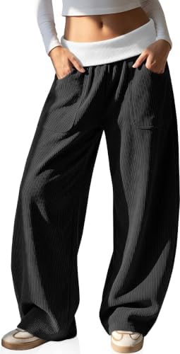 Womens Fold-Over Corduroy Barrel Pants Y2K Streetwear with Pockets