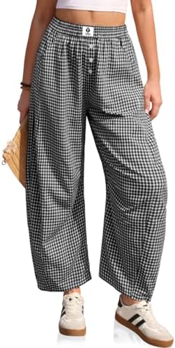 Womens Gingham Barrel Pants Wide Leg Casual Trousers
