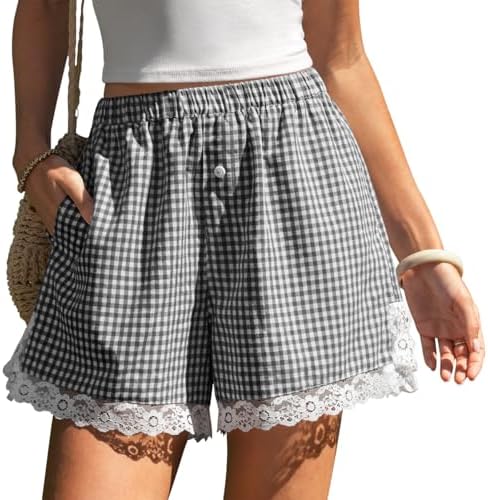 Women's Gingham Linen Lace Trim Shorts with Pockets