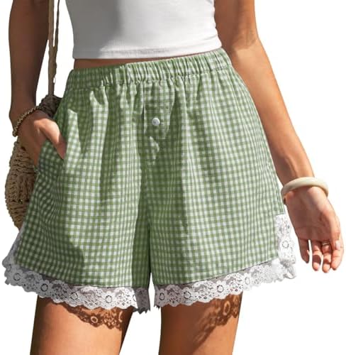Women's Gingham Linen Lace Trim Shorts with Pockets