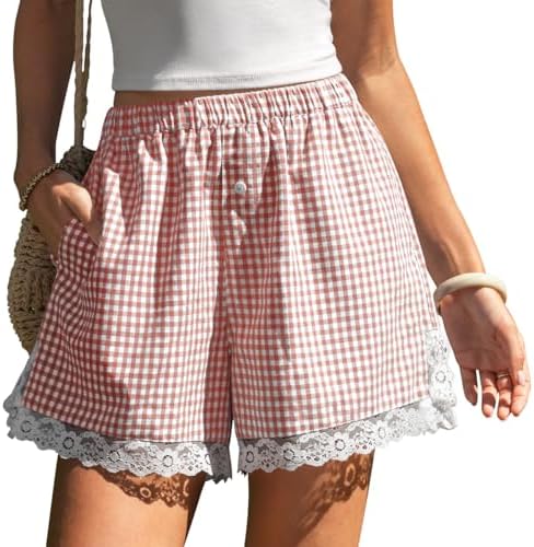 Women's Gingham Linen Lace Trim Shorts with Pockets