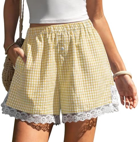 Women's Gingham Linen Lace Trim Shorts with Pockets