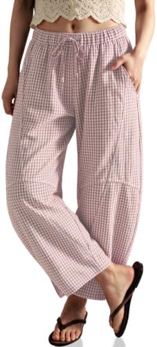 Womens Gingham Striped Linen Barrel Pants Drawstring Casual Trousers