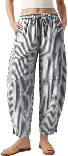 Womens Gingham Striped Linen Barrel Pants Drawstring Casual Trousers