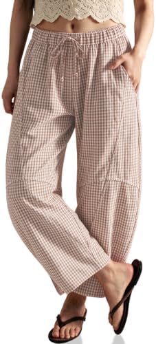 Womens Gingham Striped Linen Barrel Pants Drawstring Casual Trousers