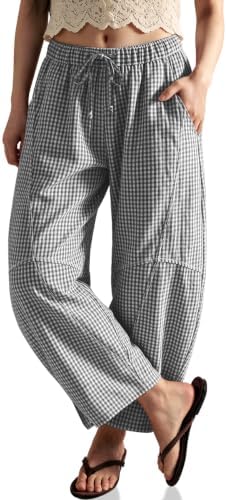 Womens Gingham Striped Linen Barrel Pants Drawstring Casual Trousers