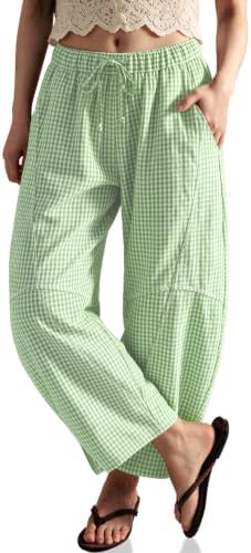 Womens Gingham Striped Linen Barrel Pants Drawstring Casual Trousers