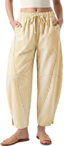 Womens Gingham Striped Linen Barrel Pants Drawstring Casual Trousers