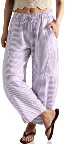 Womens Gingham Striped Linen Barrel Pants Drawstring Casual Trousers