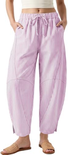 Womens Gingham Striped Linen Barrel Pants Drawstring Casual Trousers