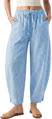 Womens Gingham Striped Linen Barrel Pants Drawstring Casual Trousers