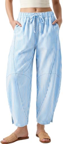Womens Gingham Striped Linen Barrel Pants Drawstring Casual Trousers