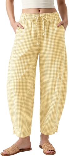 Womens Gingham Striped Linen Barrel Pants Drawstring Casual Trousers