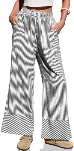 Womens Gingham Striped Linen Palazzo Pants with Pockets