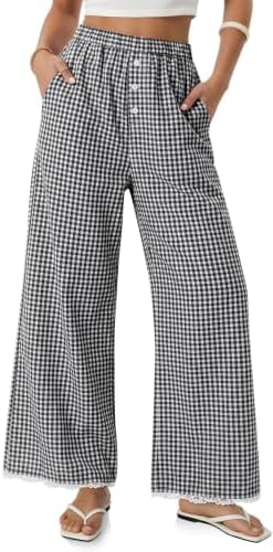 Women Gingham Wide Leg Palazzo Pants Elastic Waist Lace Trim Trousers