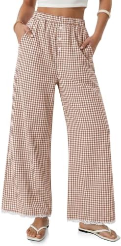 Women Gingham Wide Leg Palazzo Pants Elastic Waist Lace Trim Trousers