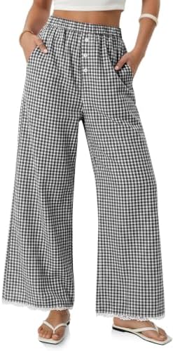 Women Gingham Wide Leg Palazzo Pants Elastic Waist Lace Trim Trousers
