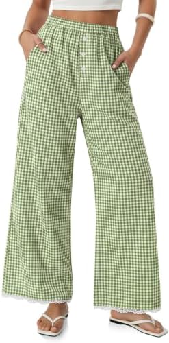 Women Gingham Wide Leg Palazzo Pants Elastic Waist Lace Trim Trousers