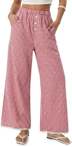 Women Gingham Wide Leg Palazzo Pants Elastic Waist Lace Trim Trousers