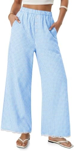 Women Gingham Wide Leg Palazzo Pants Elastic Waist Lace Trim Trousers