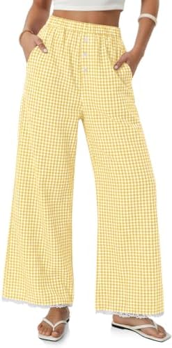 Women Gingham Wide Leg Palazzo Pants Elastic Waist Lace Trim Trousers