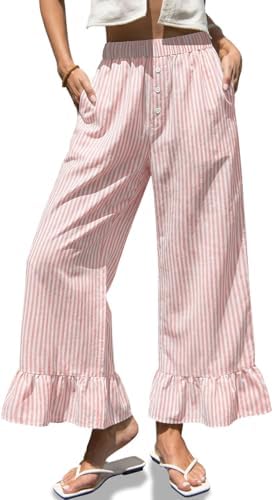 Womens Gingham Wide Leg Pants High Waist Ruffle Hem Trousers