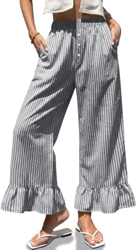 Womens Gingham Wide Leg Pants High Waist Ruffle Hem Trousers
