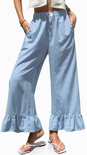 Womens Gingham Wide Leg Pants High Waist Ruffle Hem Trousers