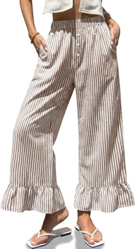 Womens Gingham Wide Leg Pants High Waist Ruffle Hem Trousers