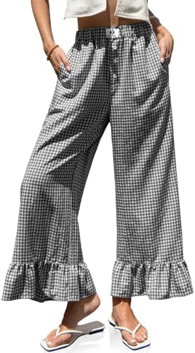 Womens Gingham Wide Leg Pants High Waist Ruffle Hem Trousers