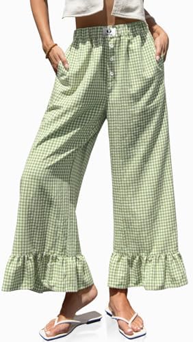 Womens Gingham Wide Leg Pants High Waist Ruffle Hem Trousers