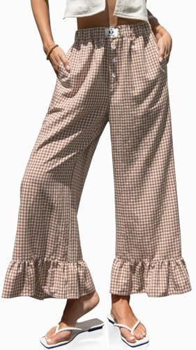 Womens Gingham Wide Leg Pants High Waist Ruffle Hem Trousers