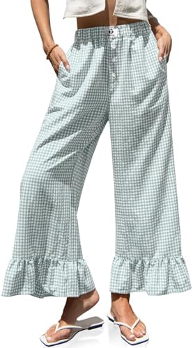 Womens Gingham Wide Leg Pants High Waist Ruffle Hem Trousers