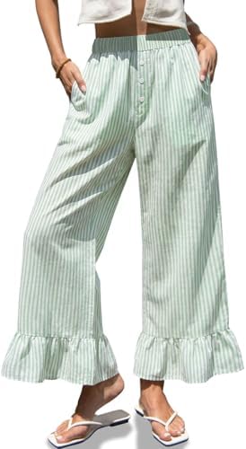 Womens Gingham Wide Leg Pants High Waist Ruffle Hem Trousers