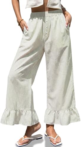Womens Gingham Wide Leg Pants High Waist Ruffle Hem Trousers