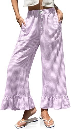 Womens Gingham Wide Leg Pants High Waist Ruffle Hem Trousers